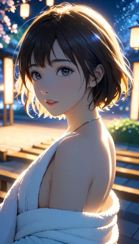 masterpiece,  high res,  illustration,  Kyoto animation style, movie style: your name,  night , mid night , Gentle Light, Fascinating Light, (1 female: 1.3), (Alone: 1.4),  has long eyelashes,  short bob, nose_, open_mouth, futon,  nudity,  , towel, Kirarh...