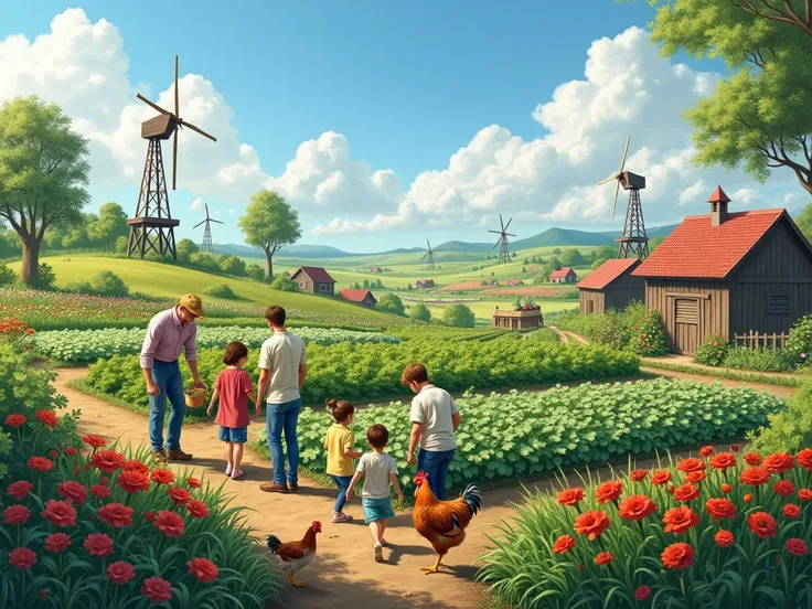 "photorealistic. masterpiece. A picturesque farmland setting with neat rows of vegetable crops, colorful flower gardens, and a few small wooden barns. Families and individuals are seen picking fresh produce and tending to the plants under the guidance of f...