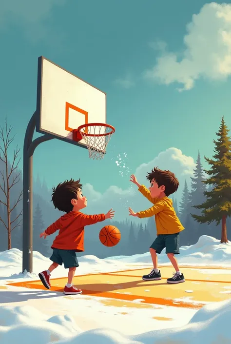 enfants de bande dessinée jouant au basket dans un gymnase avec de la neige sur le sol, un rendu numérique par Alexander Kucharsky, Tendance sur Dribble, art numérique, illustration de style dessin animé, Illustration de dessin animé, adorable peinture dig...