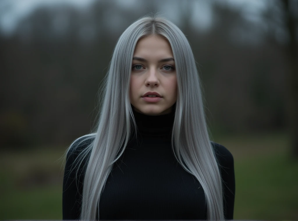  give me fair skin ， Western white woman with long silver vertical hair， Her pupils are silver gray ， She wears a long black long sleeve dress ，looks mystery。Shes only 20 years old ，She looked very majestic