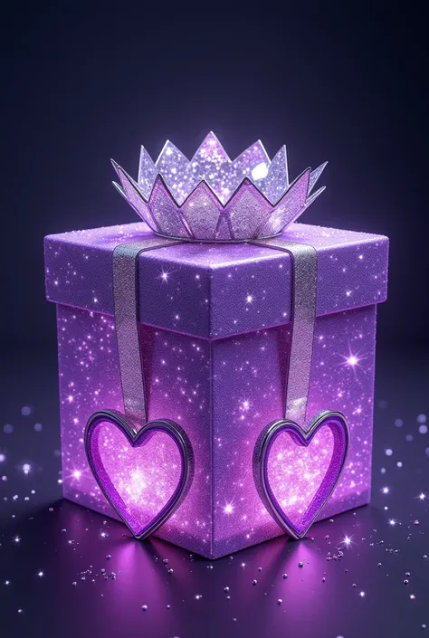 "Create a luxurious purple gift box with a diamond-like reflective surface, crowned by a shiny silver crown on top. The box should sparkle with a radiant, crystalline effect, surrounded by small, glowing star-like particles. At the base of the box, include...