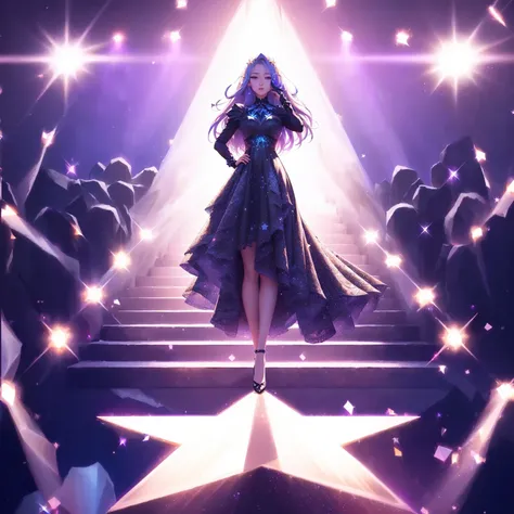 arafed image of a woman in a dress standing on a stage, rossdraws global illumination, anime girl wearing a black dress, stunning digital illustration, wearing a dress made of stars, jen bartel, rendering of beauty pageant, glowing lens flare wraith girl, ...