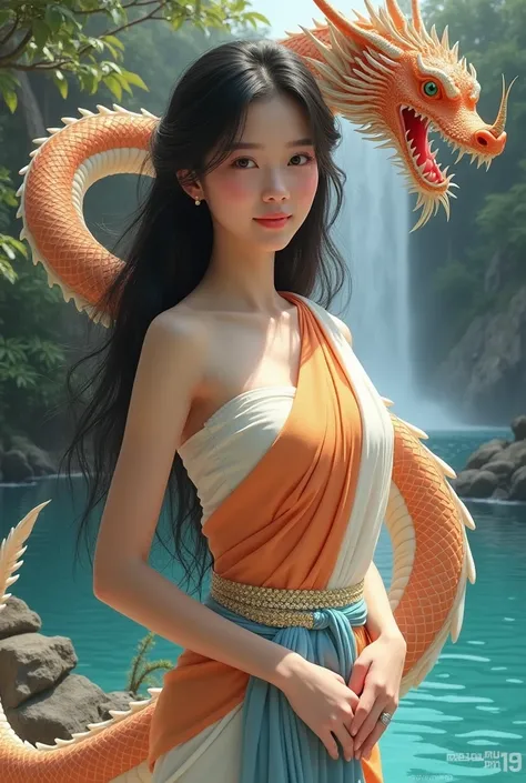 Full length of a beautiful young woman，with a sweet and gentle face, Long flowing black hair, Wearing a light orange and white Thai Dusit dress, A light blue sarong, with a white silk belt hanging on her arm，with gold sequins on it, Behind her is a beautif...