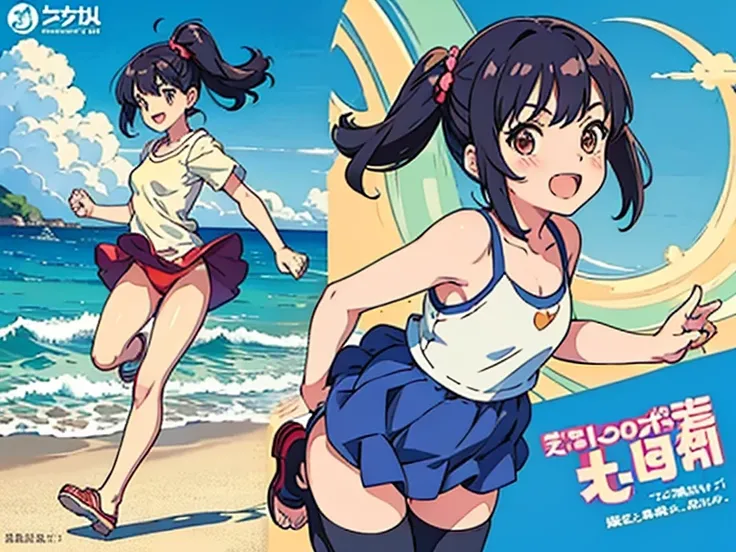  anime style、Running on the beach 、 girl、profile、 side view、Full body portrait、Pull composition、 hairstyle slightly above the shoulders、 culotte pants 、Short sleeve、 cool and cute 、Healthy、 Sunny、smile、