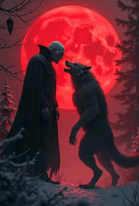 Vampire avec un Loup-garou et un Démon un soir de pleine lune rouge écarlate pour fêter Noël 