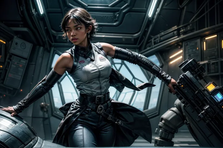 OliveHarper, 1girl, solo,l, short hair, black hair, jewelry, medium breasts, yellow eyes, earrings, detached sleeves, sleeveless, black belt, blue pants, dark skin, dark-skinned female, black belt, belt buckle, vambraces, standing in enormous space station...