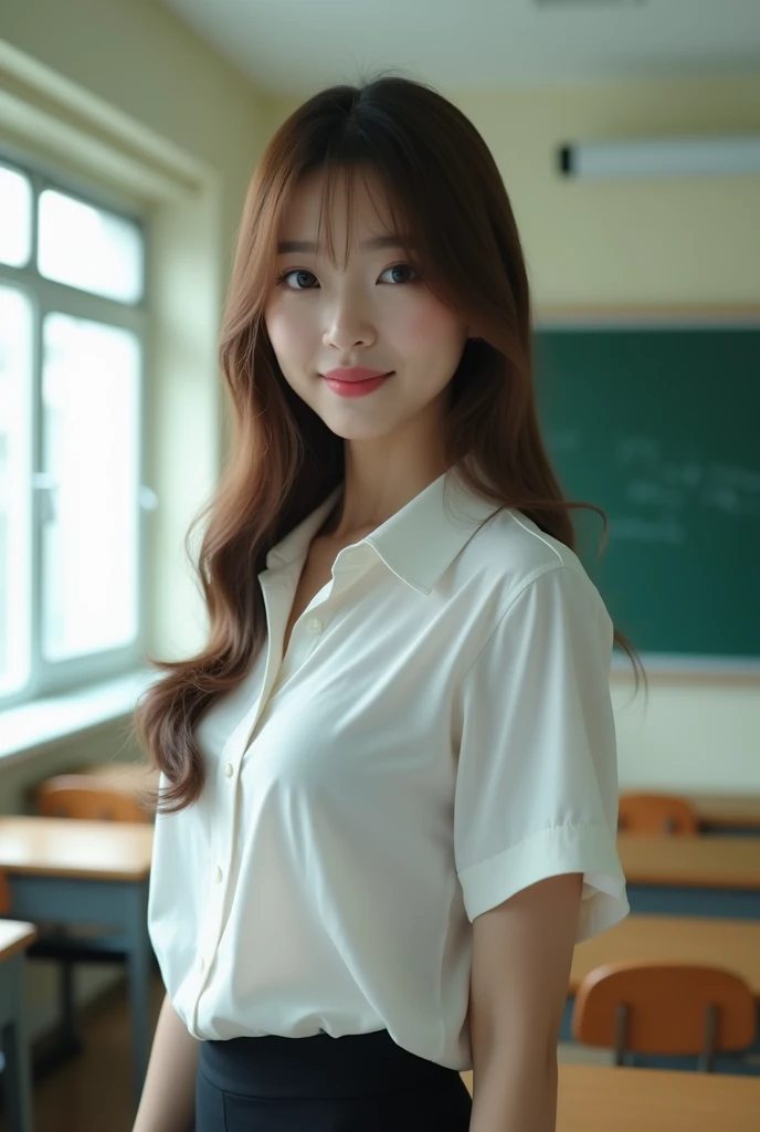 (UHD, masterpiece, anatomically correct, textured skin, super detail, best quality, highres, 8k, bloom, Front Light:1.2, Perfect dynamic composition), (24-years-old, 1 person, Cute and sexy Asian high school teacher), (Sexy Face, Long face, Distant eyes, G...