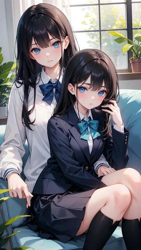  high school students  ， Has long, dark hair ， with warm blue eyes  ，  wears a fresh blue suit ，  pure white collar and bright green bow， Black Boots ， Short black skirt ， has long dark hair and warm blue eyes ， sitting on the sofa ，indoor，living room。