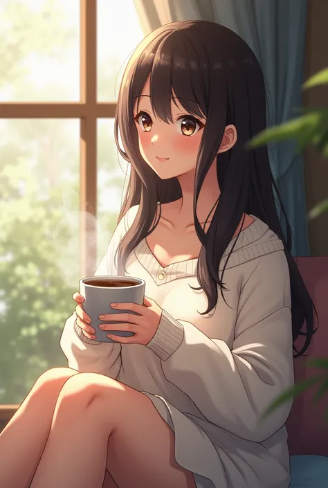 	 • The girl has long dark hair and 、White sweater　 has no open chest

 • Sitting by the window 、 smiling while holding hot coffee。
	• The interior has a relaxed atmosphere 