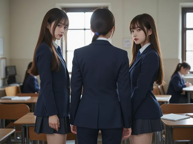 A group of 3 high school girls in blazer uniforms are facing their faces and butts in the classroom。The clothes are well-dressed。