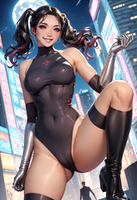   top quality 、 masterpiece、 Ultra Fine、（Shooting Resolution ：1.4）、  Ultra Fineシネマ、 Angle view from directly above、 Cyberpunk Building、  Action Pose 、  girl、  black hair twin tails、Metallic Shorts 、whole body、smile、1 person、 purple eyes、  metallic pink hig...