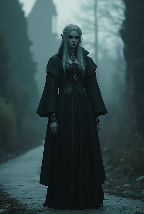  Silver long hair, vampire fangs ,  black old coat ,road to the ancient castle , gloves on her hands ,boots on feet,elf, perfect face ,детально,фарфоровая кукла