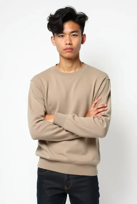 "Create a high-quality, realistic portrait of a young man aged 18 with a curtain hairstyle, standing against a plain white background. He is wearing a beige sweater and dark jeans. He is standing with his arms crossed, looking directly at the camera with a...