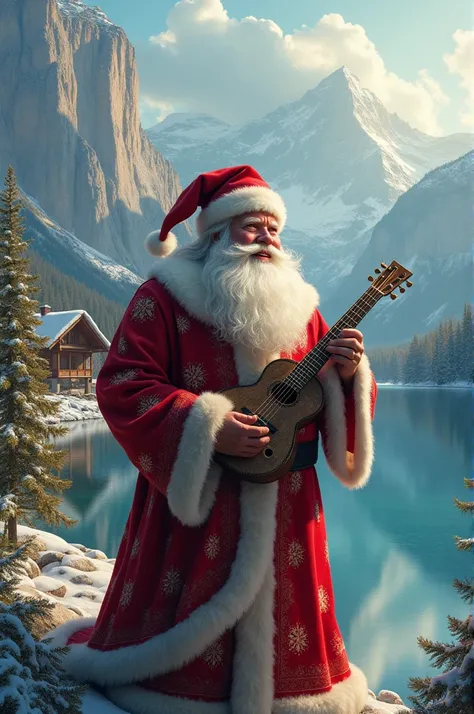 create for me an image of a magnificent Santa Claus in love with music, in a superb mountain landscape at the edge of a lake and a chalet