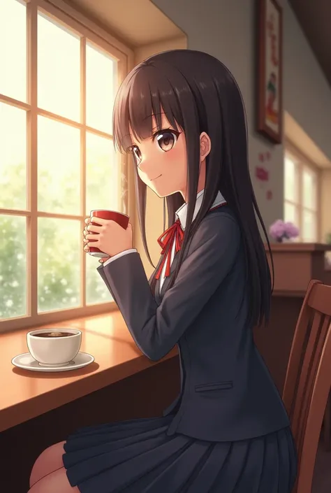 	 • The girl has long dark hair and 、In uniform。
	• Sit by the window 、 smiling while holding hot coffee。
	 • The restaurant has a relaxed atmosphere
live action　 human girl　