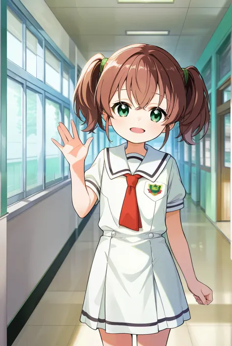 1 girl, young elementary school age, sailor school, standing in a school hallway, waving at viewer, short brown hair ties into twin ponytails, emerald green eyes 