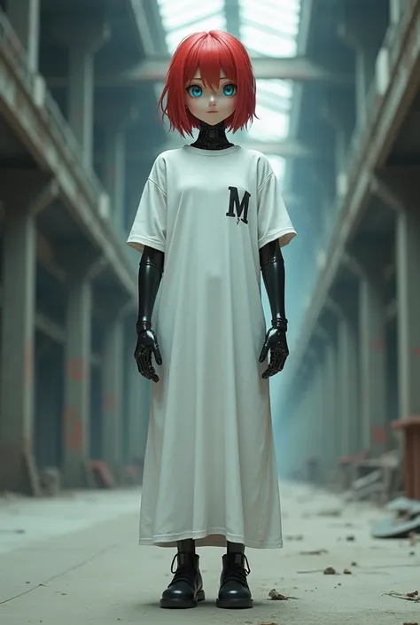 Adult anime girl robot consisting of white plastic and metal,  anime girl with white plastic darkened white plastic with black metallic body parts with the head of an anime girl with red hair and blue eyes,  Anime style , like anime escay ,  in a huge fact...