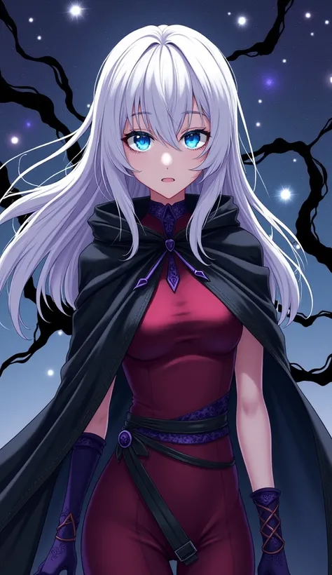 Anime art style, Female character, white ling hair, deep blue eyes, pale skin, dark red with purple details sleevless drewss, erotic pose, with a black mantle covering her arms, around her a black ink spirit like a stain with no form with white eyes and mo...