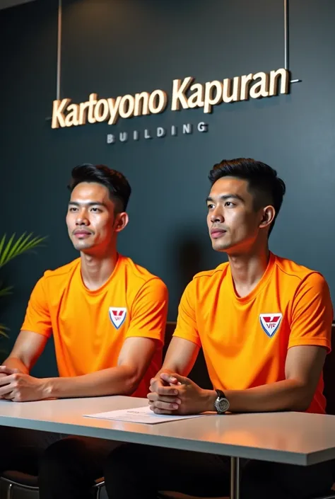 2 badminton athletes wearing VICTOR ,  t-shirts are doing a persconference sitting at a table with a wall that says KARTOYONO KAPURAN BUILDING