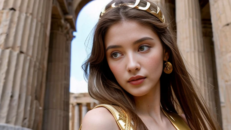 19 year old beautiful woman. Become the Greek goddess Hera in the clothes of ancient Greek Ala, Ancient Greek buildings , close up