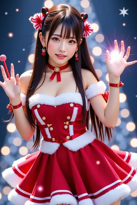 A vibrant and enchanting illustration of a magical girl posing energetically with a radiant smile. The character is adorned in a luxurious Santa-style costume, featuring brightly colored frills and ribbons that exude festive charm. Her outfit highlights he...