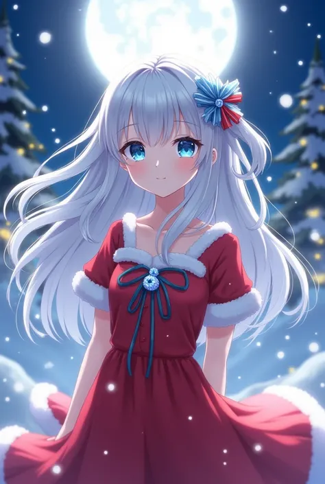  female , anime, white hair, blue eyes,blue  Higanbana hair pins,Long hair straight,snow moon light ,red christmass dress