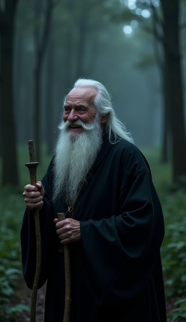 old man with white hairs and white beard wearing black dress, laughing, stick in his hand, black magic, black dark forest, detailed image, detailed face, night dark village ambiance, cinematic scene, cinematic lighting, ultra realistic, hyper realistic, hi...