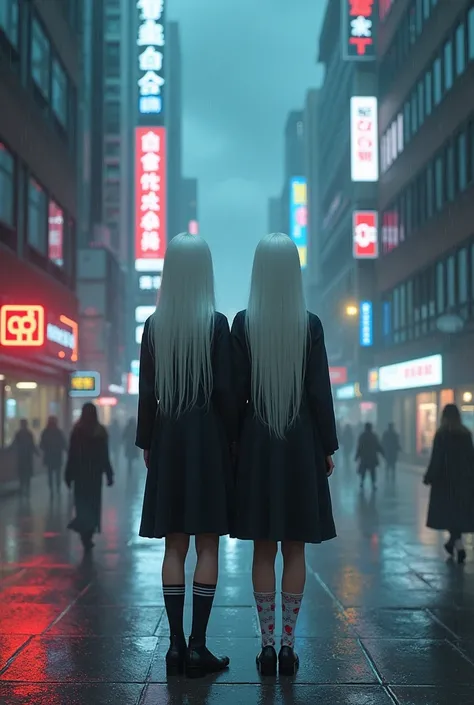 ,twins,cabello blanco,socks, mature woman,rain,Night City