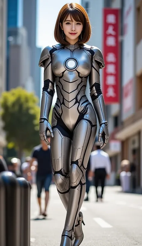 (((Full body photo)))、12Ｋ、ＨＤＲ、 bits deep 10 bits 、((Im wearing a realistic Iron Man metal suit))、(  light brown hair )、  random pose to take a picture of the front 、 is wearing high-heeled boots、 standing with legs open 、The background is a sci-fi movie-st...