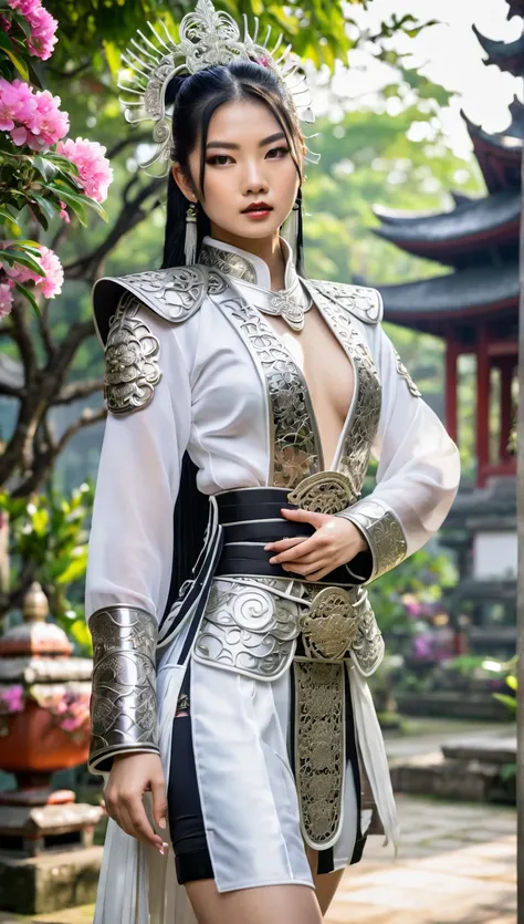 The photo shows a beautiful 20-year-old Asian model of Thai-Japanese origin, with shiny white skin, high-end cosmetics, and a short silk armor outfit combined with a strong, fierce metal mesh. The girls hair is tied up and her accessories are extremely sim...