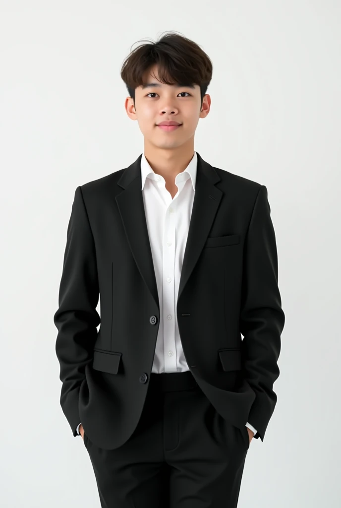 "Create a high-quality, realistic portrait of a young man aged 16 with a curtain hairstyle, standing against a plain white background. He is wearing a formal suit consisting of a black blazer, a white dress shirt, and black trousers. He is standing straigh...