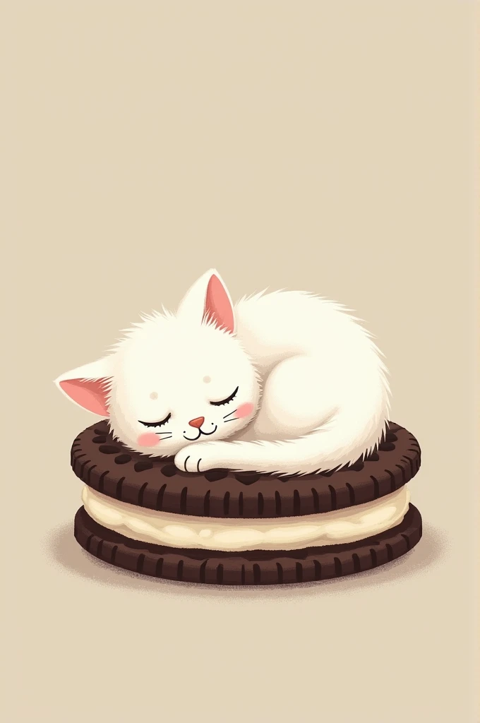 In the middle of an Oreo chocolate chip cookie, the white filling is replaced with a cat. The white cat is curled up, just in place to fill the biscuit sandwich. The little white cat is sleeping soundly with its eyes closed. The minimalist background is si...