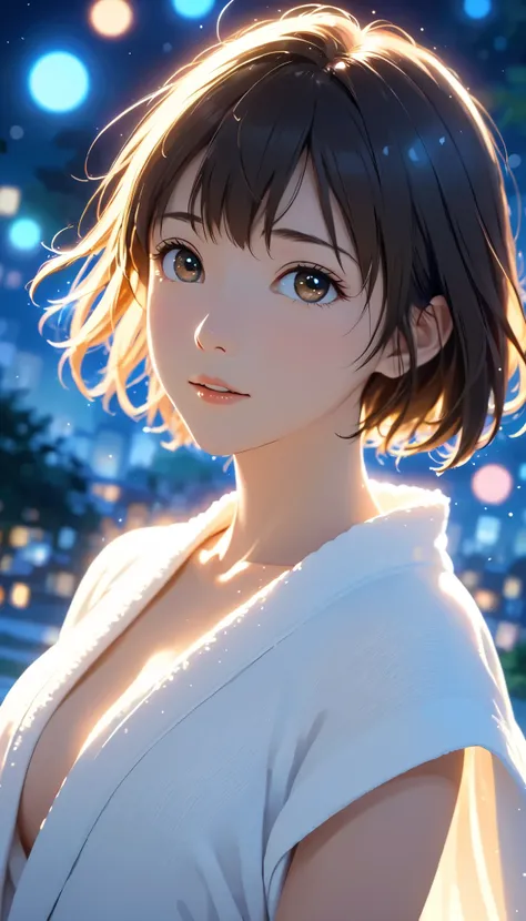 masterpiece,  high res,  illustration,  Kyoto animation style, movie style: your name,  night , mid night , Gentle Light, Fascinating Light, (1 female: 1.3), (Alone: 1.4),  has long eyelashes,  short bob, nose_, open_mouth, futon,  nudity,  , towel, Kirarh...