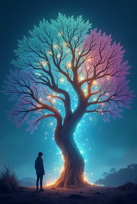 Discovery of the Hove Tree
- Aryan standing in front of a majestic, glowing tree (Hove) with a mesmerizing aura.
- Trees unique features: vibrant colors, intricate patterns, or soft, ethereal light. Image same