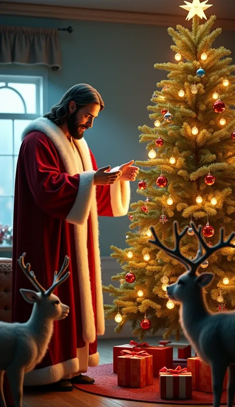 "Jesus and Santa Claus, with big smiles, decorating a large Christmas tree with a group of ren. The tree is full of colorful ornaments, twinkling lights, and a shining star on top. The ren, wearing festive clothing, are hanging decorations and placing gift...