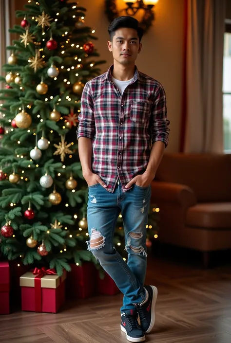 a handsome Indonesian man standing next to a Christmas tree, wearing a checked shirt, ripped jeans, and Jordan sneakers, in a warm and festive atmosphere