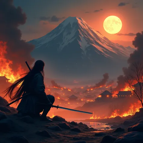 Create an ultra-detailed masterpiece in 8K resolution that captures a realistic scene of a ninja with long black hair and a katana. The setting is a village engulfed in black flames, with an expansive depth of field that enhances the dramatic atmosphere. P...