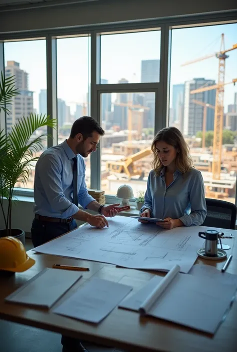 Hd image of male and female draftsman in construction firm, site