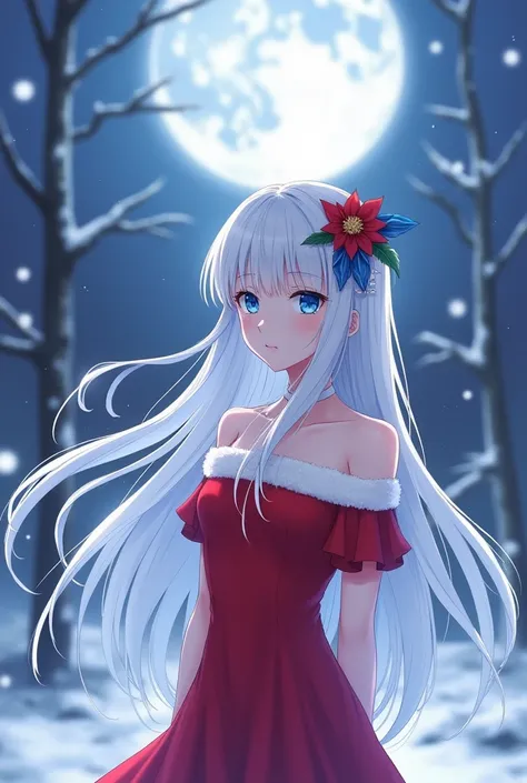  female , anime, white hair, blue eyes,blue  Higanbana hair pins,Long hair straight,snow moon light ,red christmass dress