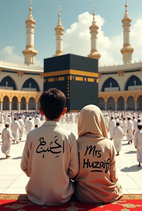 A realistic illustration 25 Year old boy and girl sitting in haram  of  wearing a  Ahram with name “Huzaifa” and "Mrs Huzaifa" write on Ahram , And fornt of  the Kaaba and people running tawaf below and there is a beautiful and real view. 