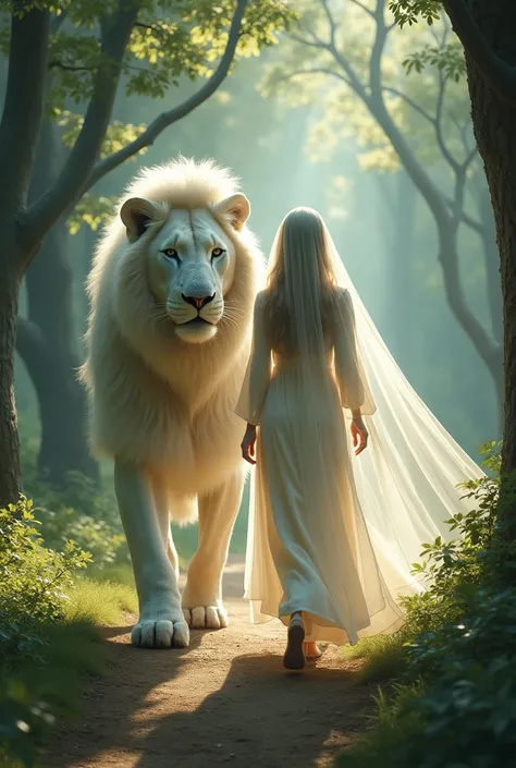 A woman in a white robe wearing a veil and a very large white lion walking together in the forest