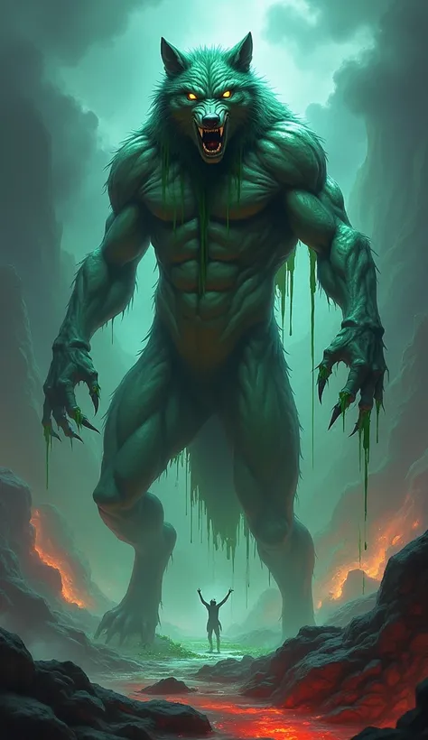 "Design a monstrous hybrid creature that seamlessly combines the features of a lone wolf and a falling slime. The entity should have the muscular build and fierce face of a wolf, with slime-like translucent, dripping textures blending into its fur and body...