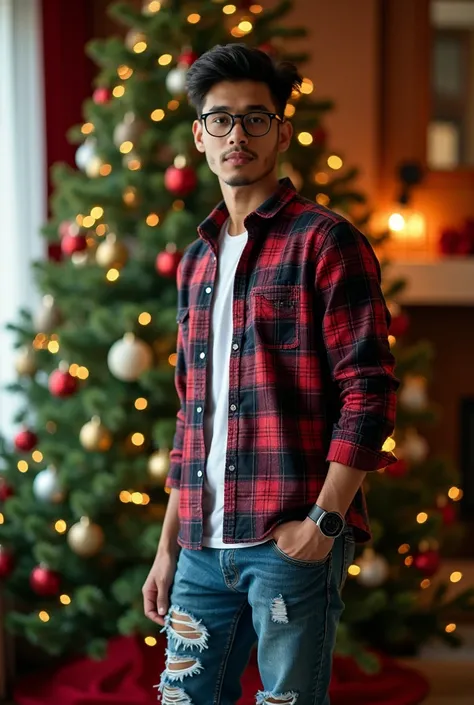 a handsome Indonesian man standing next to a Christmas tree, wearing a checked shirt, ripped jeans, and Jordan sneakers, in a warm and festive atmosphere