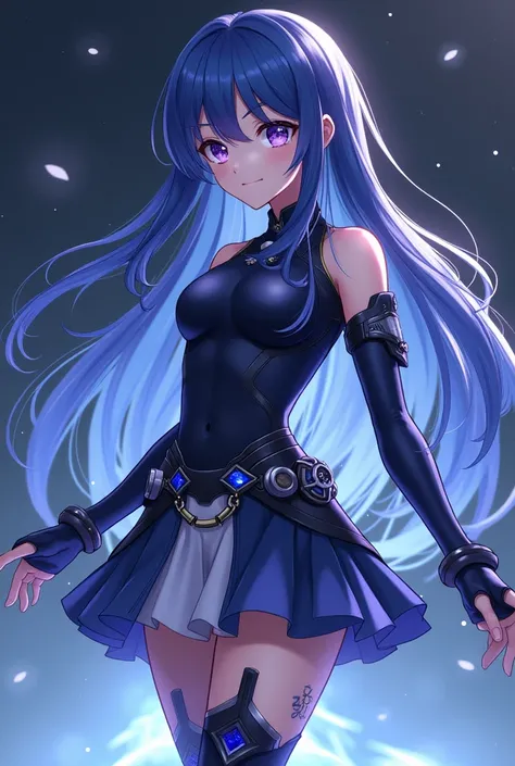 16-year-old female character ,  anime style ,  inspired by Genshin Impact .  Long, straight hair in indigo tones with silver reflections . His eyes are big,  of deep purple with blue sparkles .  The expression on her face is fun ,  as if she were about to ...