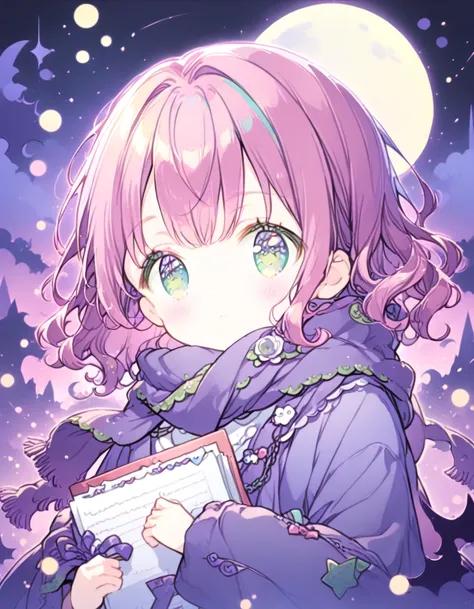 Detailed 8k cute theme , girl with scarf, long disheveled pink hair and green eyes wearing an all-purple robe with a full moon in the background