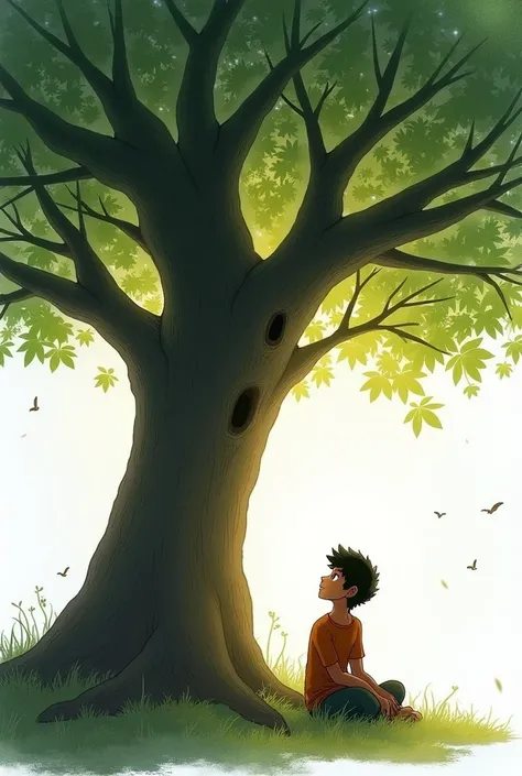 Aryan and the Hove Tree Conversation
- Aryan sitting at the base of the Hove tree, looking up at the tree with wonder.
- Hove trees branches or leaves forming a canopy above Aryan, symbolizing protection and wisdom. Image Sen