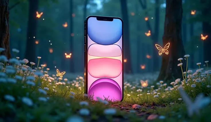  Social network is combined with e-commerce,  smartphone in the middle of a magical forest ,  a night summer forest or a meadow ,  on the smartphone you can see a screen ,   the smartphone is standing on the ground ,  summer white flowers around ,  starry ...