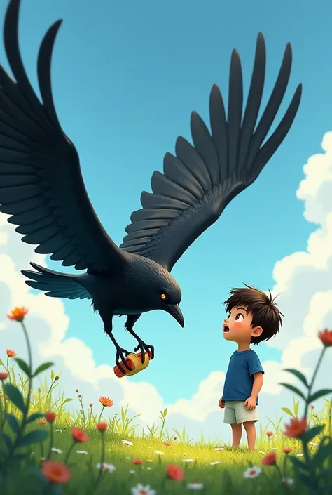 "The crow swoops down close toAnshu( a six-year-old boy .round face, short brown hair, and is wearing a blue shirt with white half-pants).its wings spread wide, looking fierce and menacing. Anshu steps back, his eyes wide with fright, and drops his toy on ...