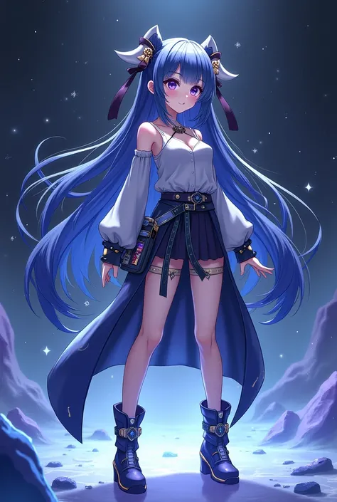 16-year-old female character ,  anime style ,  inspired by Genshin Impact .  Long, straight hair in indigo tones with silver reflections . His eyes are big,  of deep purple with blue sparkles .  The expression on her face is fun ,  as if she were about to ...