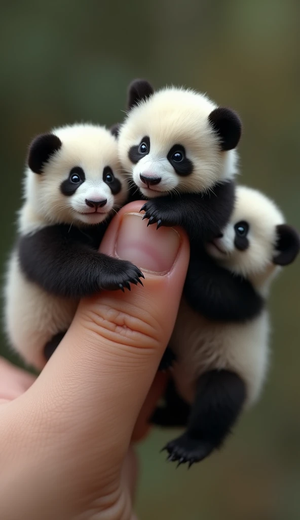 ((masterpiece,  top quality ,  highest image quality taken by Ki,  high res,  photorealistic,  RAW photos ,  very detailed 8K)),  twitches the tip of a thumb、Baby pandas cling to the tip of their thumb、 realistic、live-action